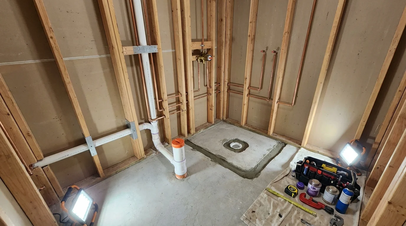 Bathroom rough-in plumbing during remodel by Johns Plumbing LLC in Basalt