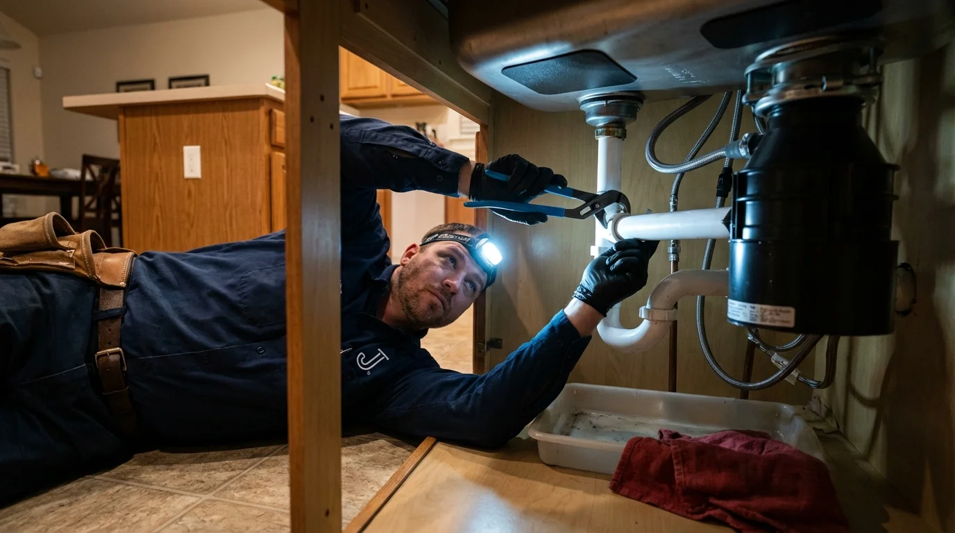 P-trap and supply line connections under a kitchen sink showing a common leak point in Basalt, CO